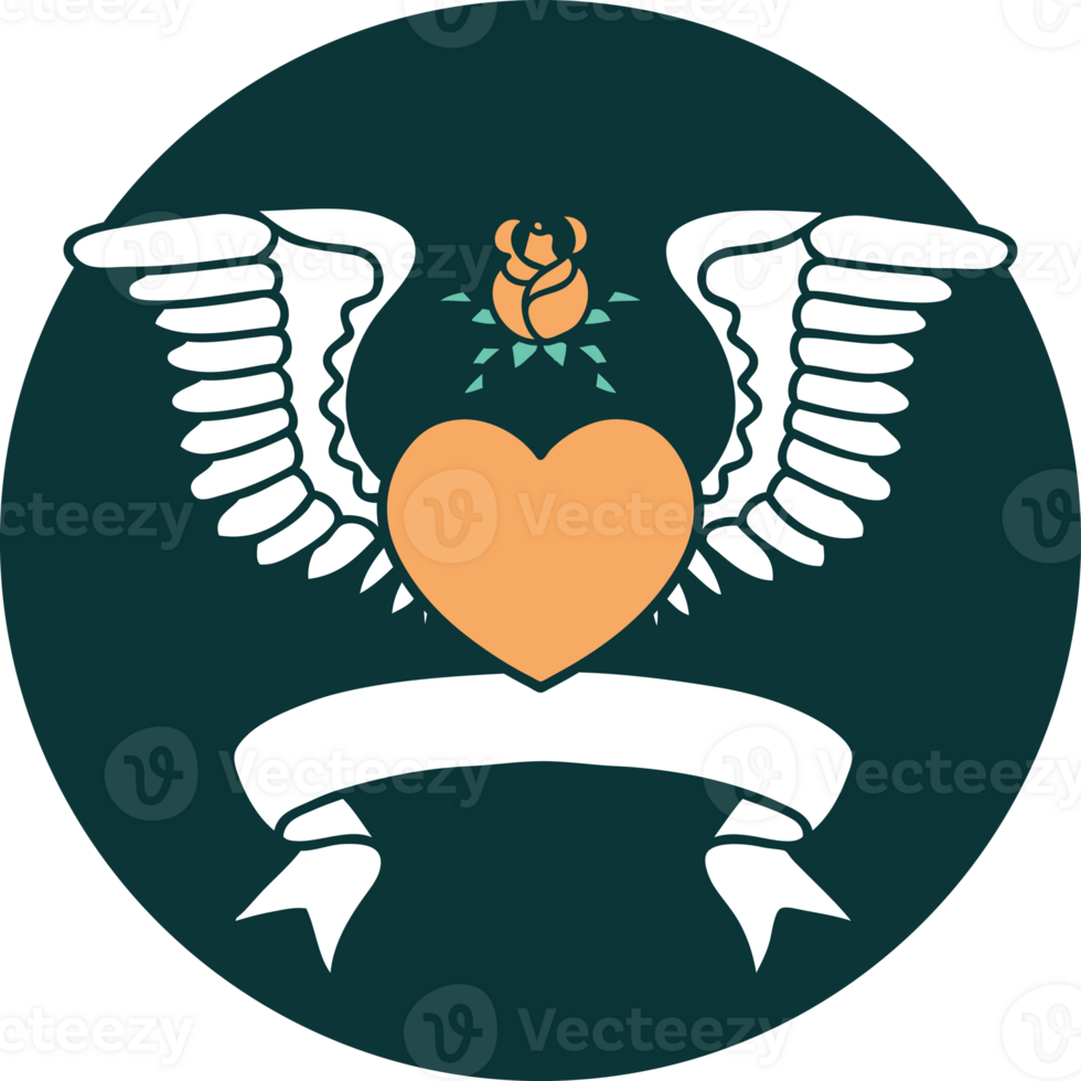 tattoo style icon with banner of a heart with wings png