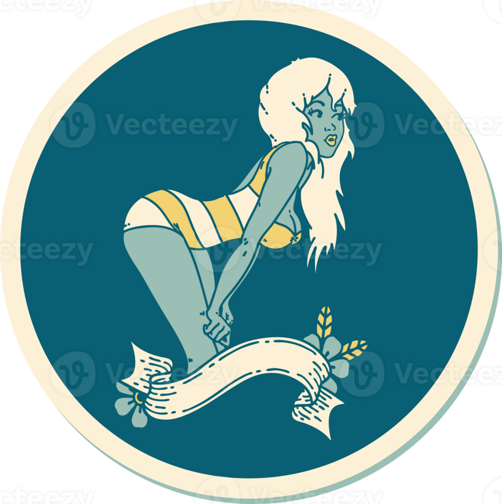 klistermärke av tatuering i traditionell stil av en utvikningsbrud flicka i simning kostym med baner png