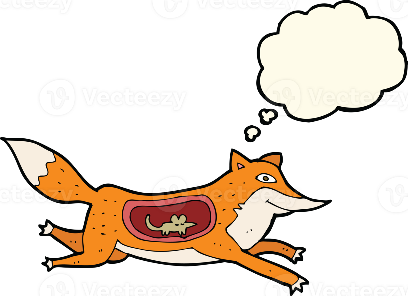 cartoon fox with mouse in belly with thought bubble png