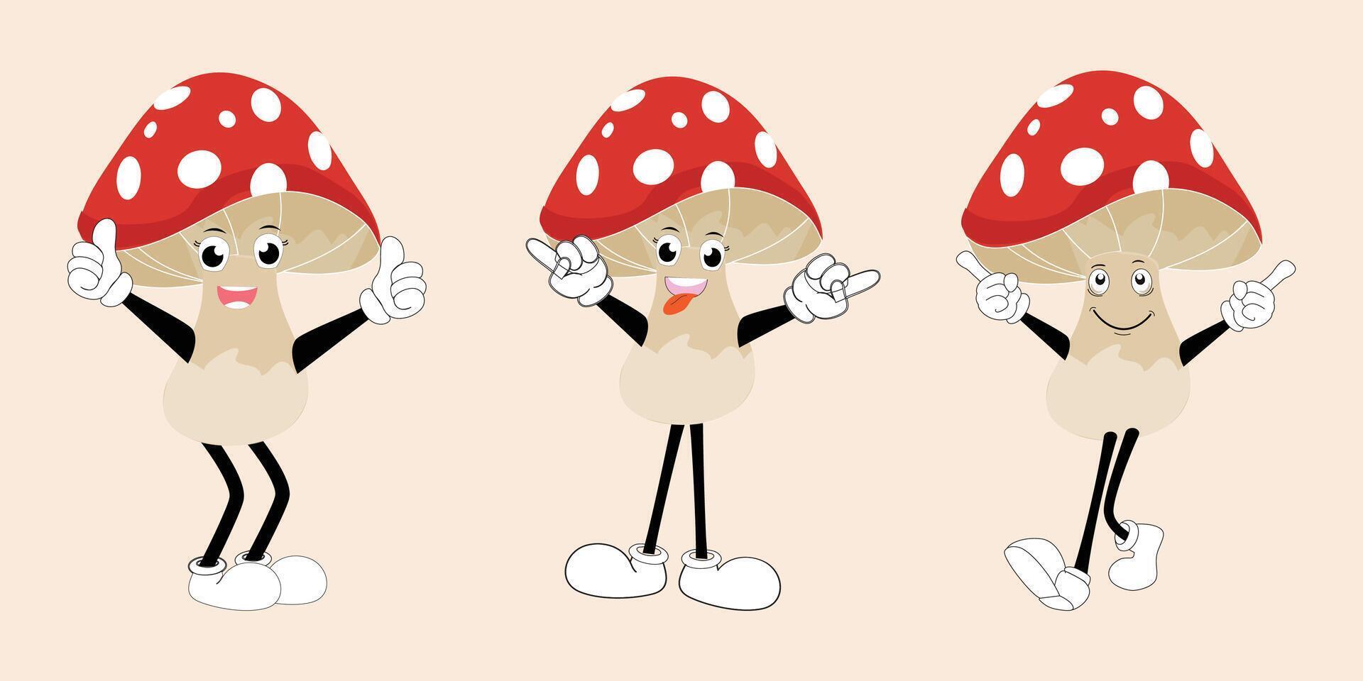 Mushroom character design different expression in vintage style, Kawaii mushroom cartoon mascot character vector illustration. Eps 10