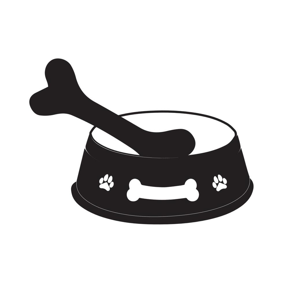 Dog Bowl With Bone Flat style icon vector illustration, black silhouette pet bowl with bone. Bowl for cat or dog for kibbles and water. Vector illustration in cute cartoon style