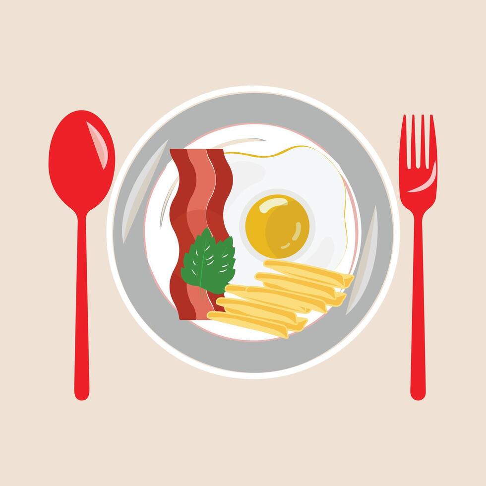 Fried egg on plate from above vector graphics, Various eggs. Different English breakfast, Vector illustration in cartoon style. Fried eggs with bacon and vegetables. EPS10