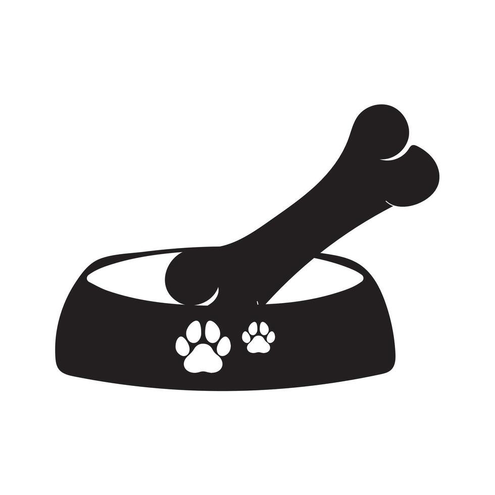 Dog Bowl With Bone Flat style icon vector illustration, black silhouette pet bowl with bone. Bowl for cat or dog for kibbles and water. Vector illustration in cute cartoon style