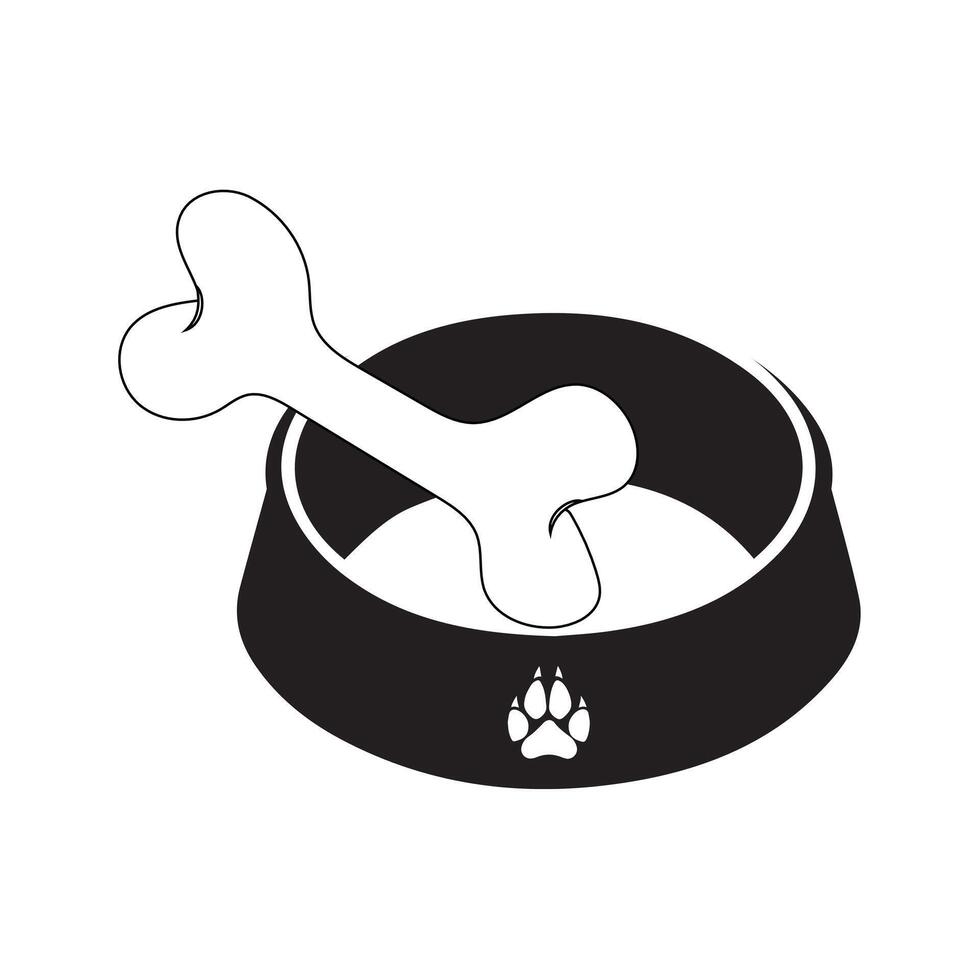 Dog Bowl With Bone Flat style icon vector illustration, black silhouette pet bowl with bone. Bowl for cat or dog for kibbles and water. Vector illustration in cute cartoon style