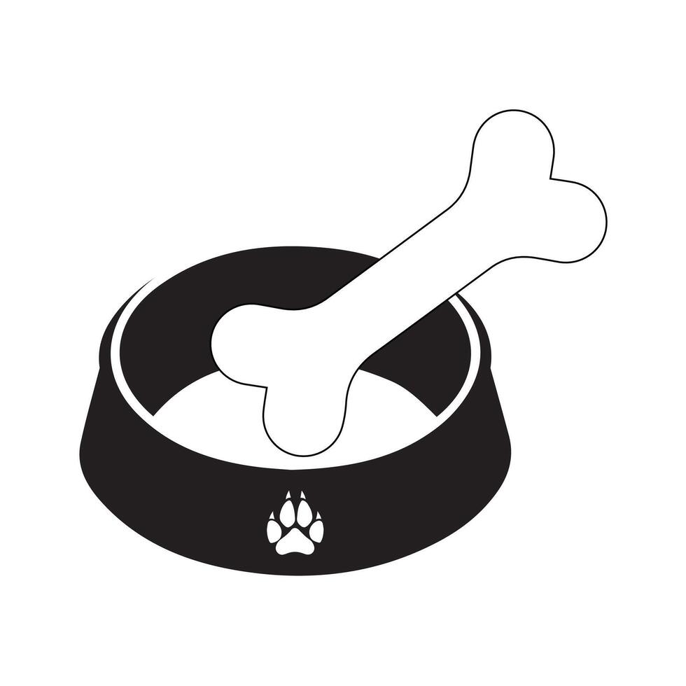 Dog Bowl With Bone Flat style icon vector illustration, black silhouette pet bowl with bone. Bowl for cat or dog for kibbles and water. Vector illustration in cute cartoon style