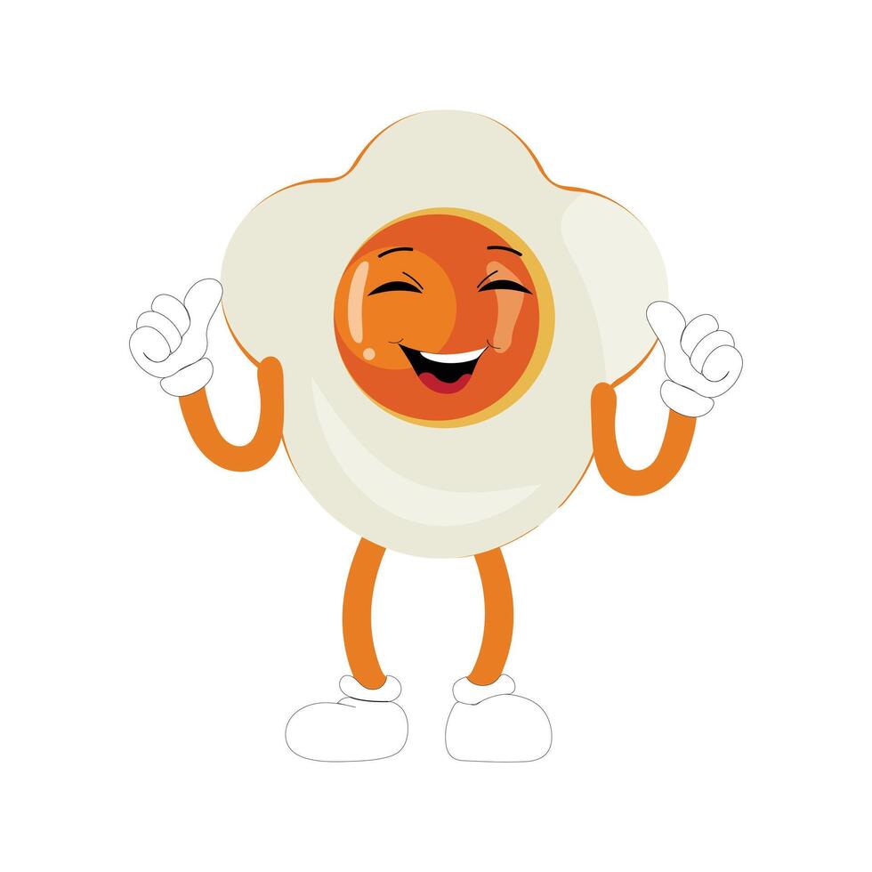 Fried egg with cute face lying cartoon illustration. Chicken egg for breakfast. Happy fried egg character. Easter, cooking, food, emotion concept vector