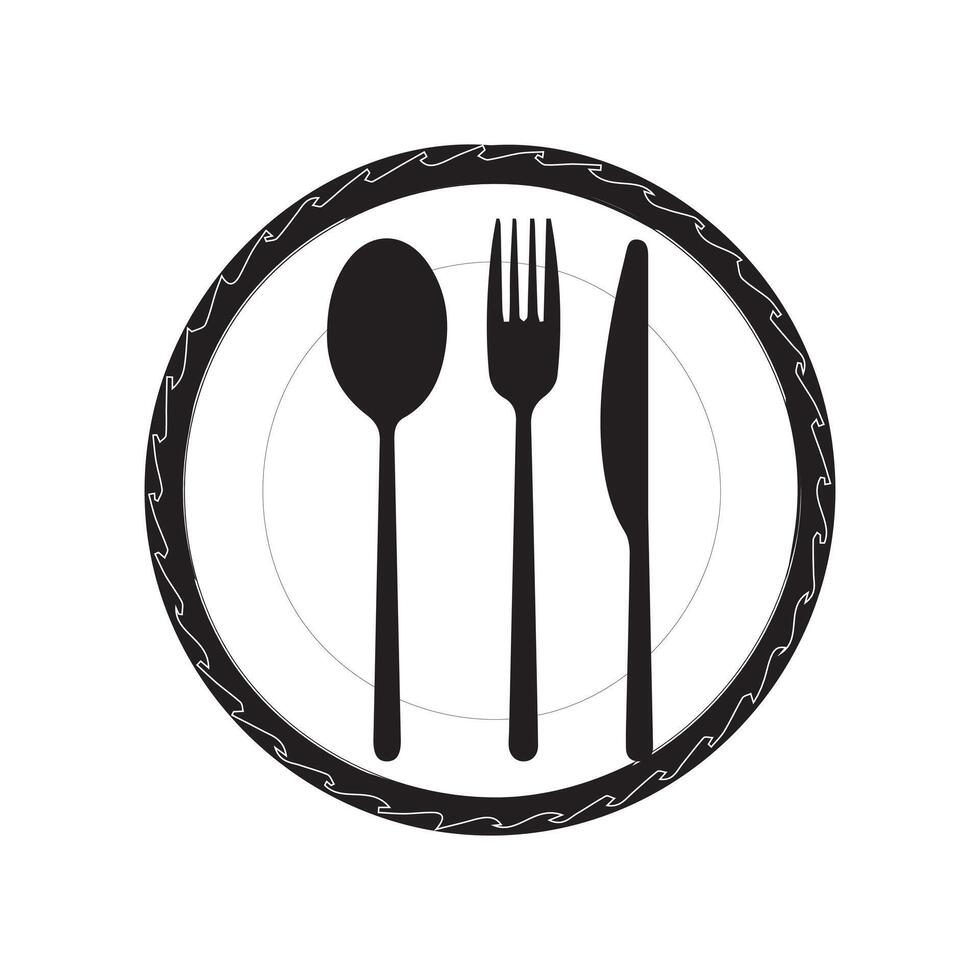 Plate, fork and knife icon in flat style. Food symbol isolated Plate icon. Flat vector illustration in black on white background. EPS 10