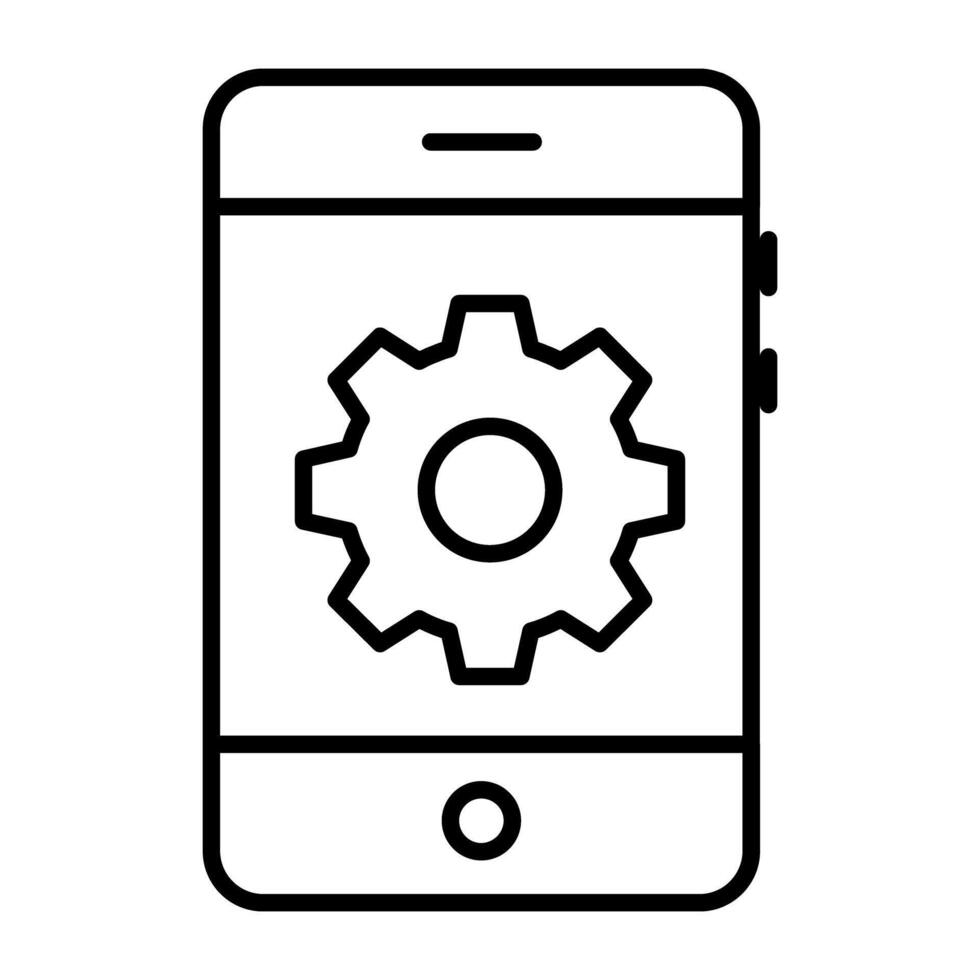 Gear inside smartphone, linear design of mobile setting vector