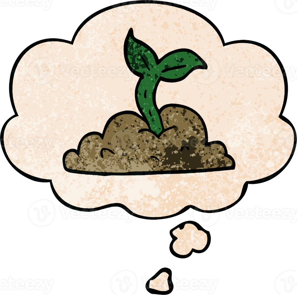 cartoon growing seedling with thought bubble in grunge texture style png