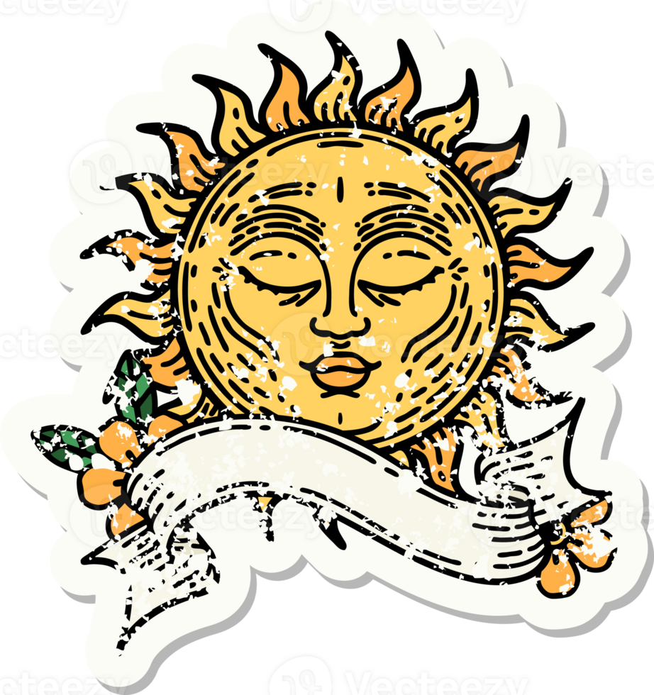 worn old sticker with banner of a sun png