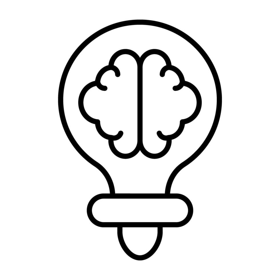 Brain inside light bulb, linear design of brainstorming vector