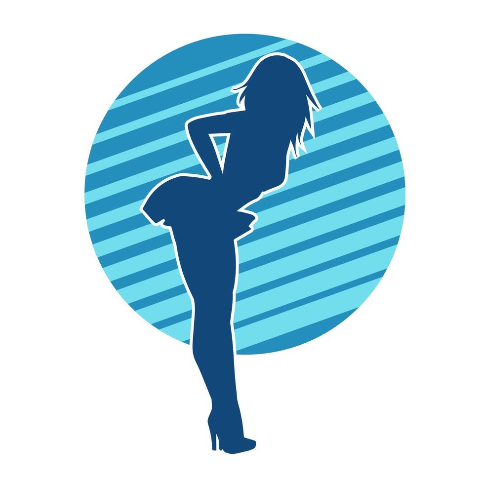 Silhouette of a female dancer wearing mini skirt in action pose. Silhouette of a slim woman dancing happily. vector