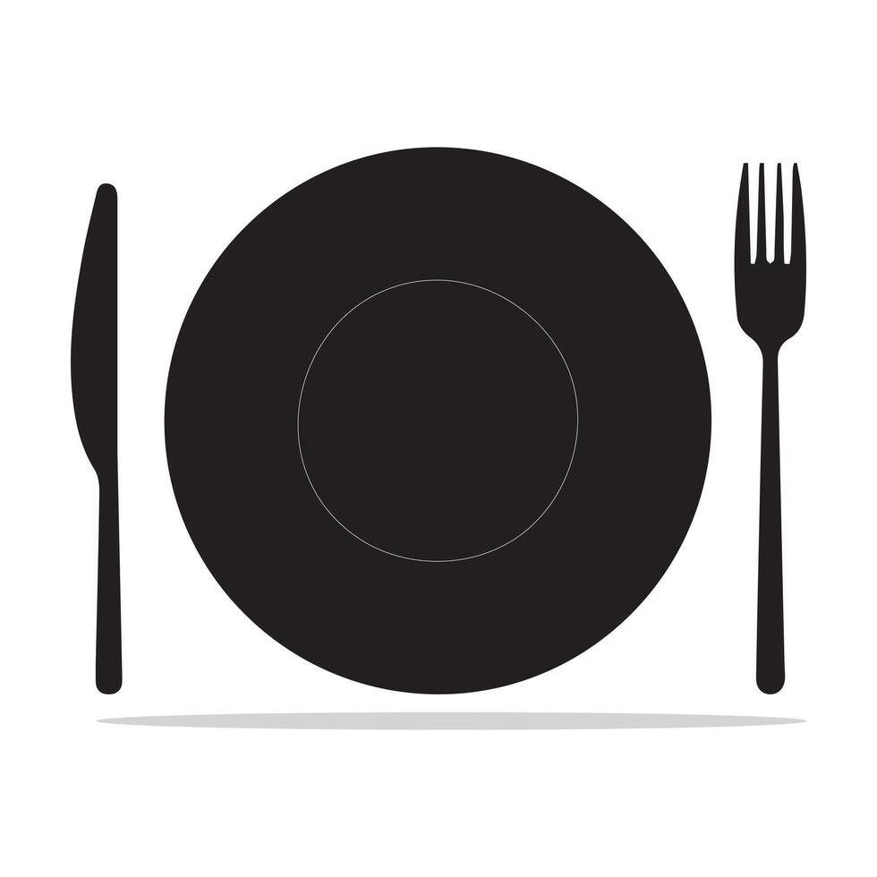 Plate, fork and knife icon in flat style. Food symbol isolated Plate icon. Flat vector illustration in black on white background. EPS 10