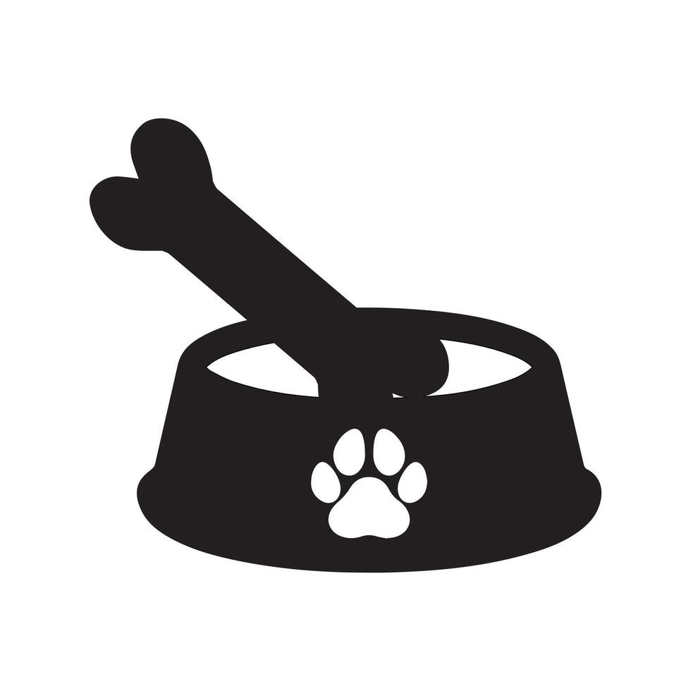 Dog Bowl With Bone Flat style icon vector illustration, black silhouette pet bowl with bone. Bowl for cat or dog for kibbles and water. Vector illustration in cute cartoon style