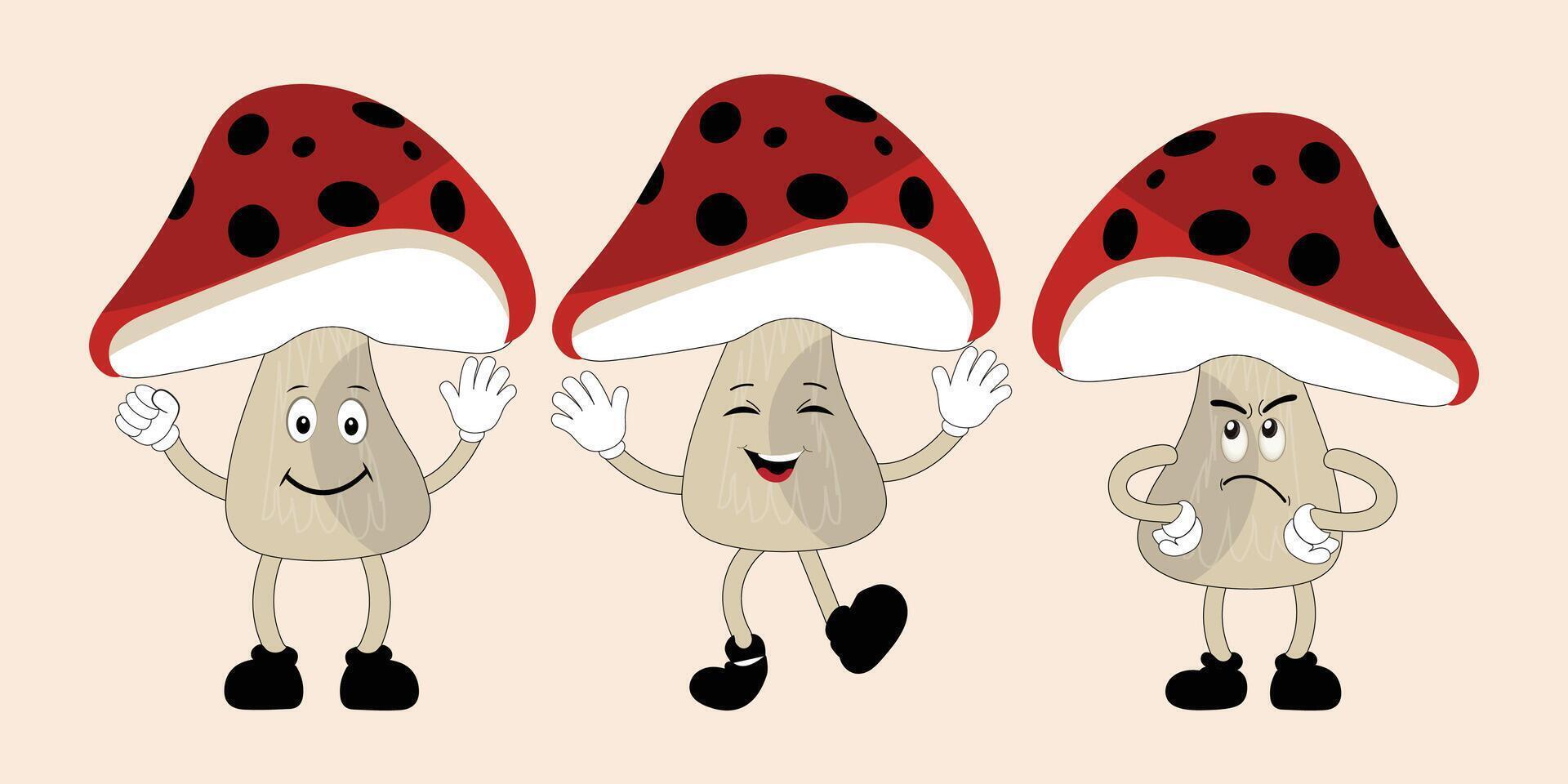 Mushroom character design different expression in vintage style, Kawaii mushroom cartoon mascot character vector illustration. Eps 10