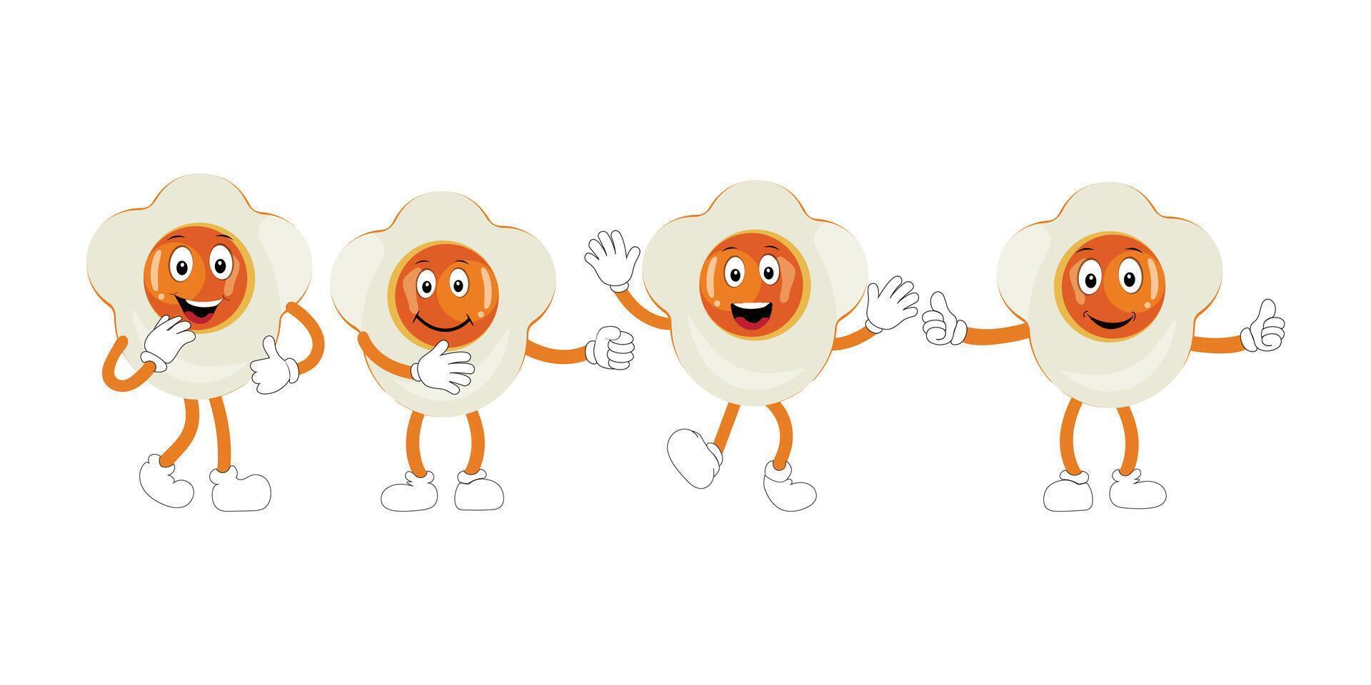 Fried egg with cute face lying cartoon illustration. Chicken egg for breakfast. Happy fried egg character. Easter, cooking, food, emotion concept vector