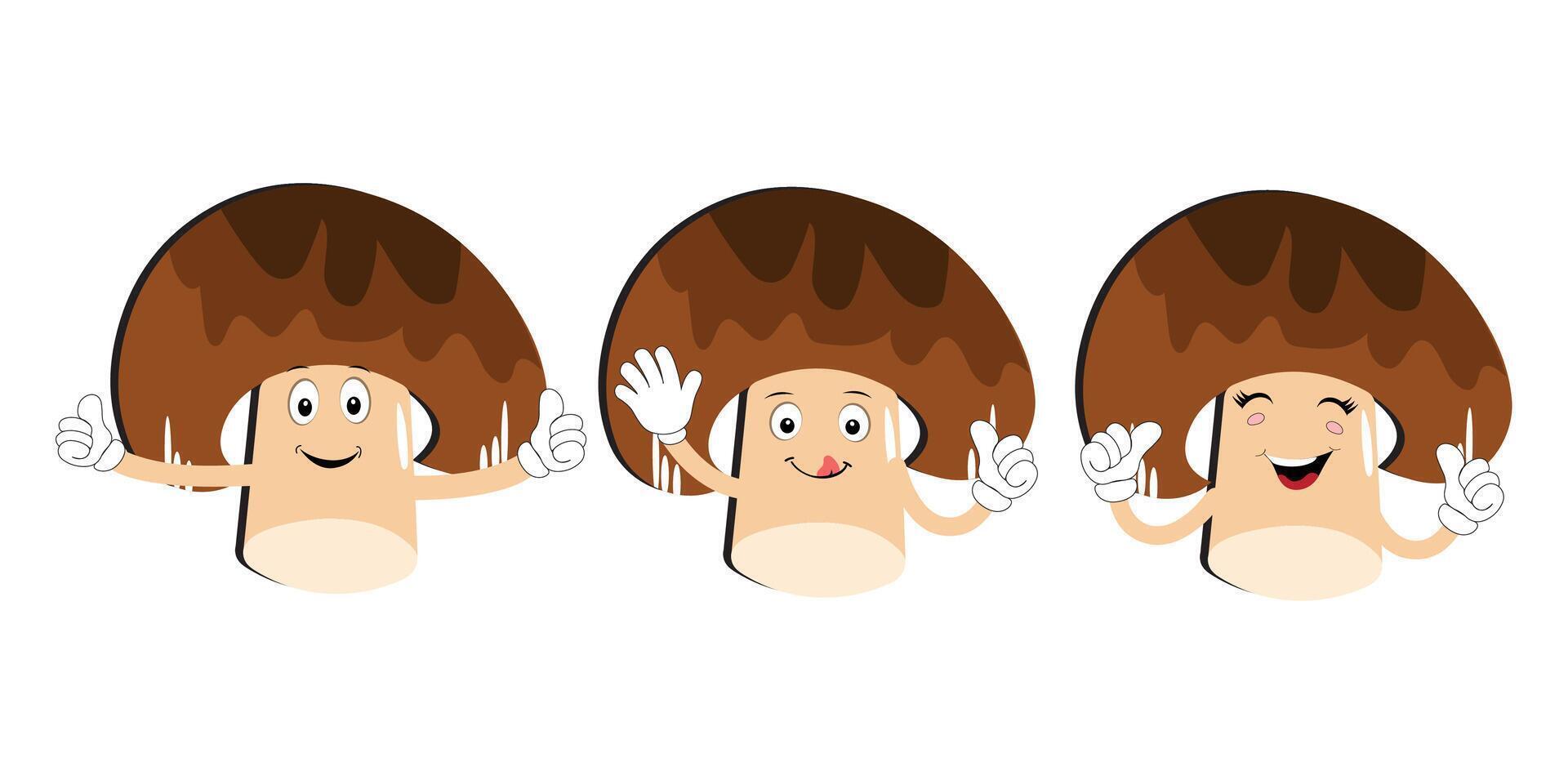 Mushroom cartoon character in various gestures, Set illustration mushroom mascot with various different expressions of cute emotion in comic style for graphic designer, vector illustration