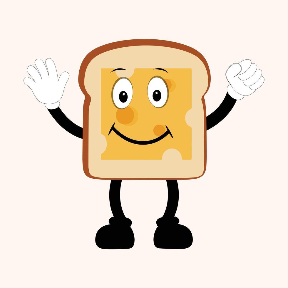 Happy Bread Slice Cartoon Mascot Character, Funny Sandwich Cartoon Vintage Bread Character Retro Style Bread Logo Vector Illustration 60s 70s Bread Retro Style