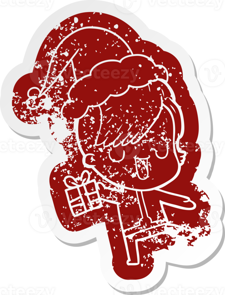 cute quirky cartoon distressed sticker of a girl with hipster haircut wearing santa hat png