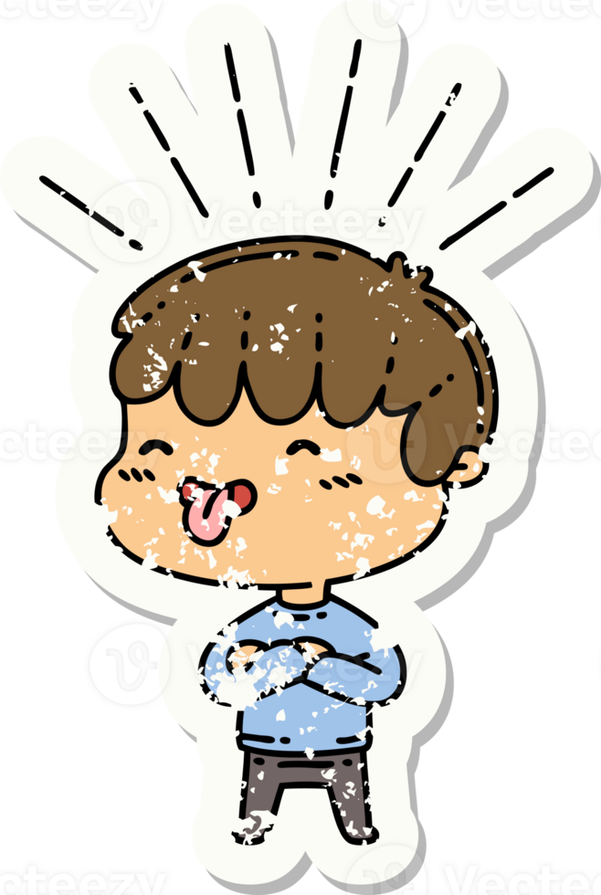 worn old sticker of a tattoo style boy sticking out tongue png