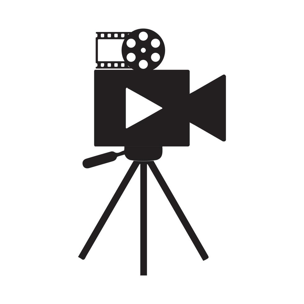 Camera tripod icon stands on a special front view, Old and New black  white. Movie video vector illustration, Cinema camera icon.