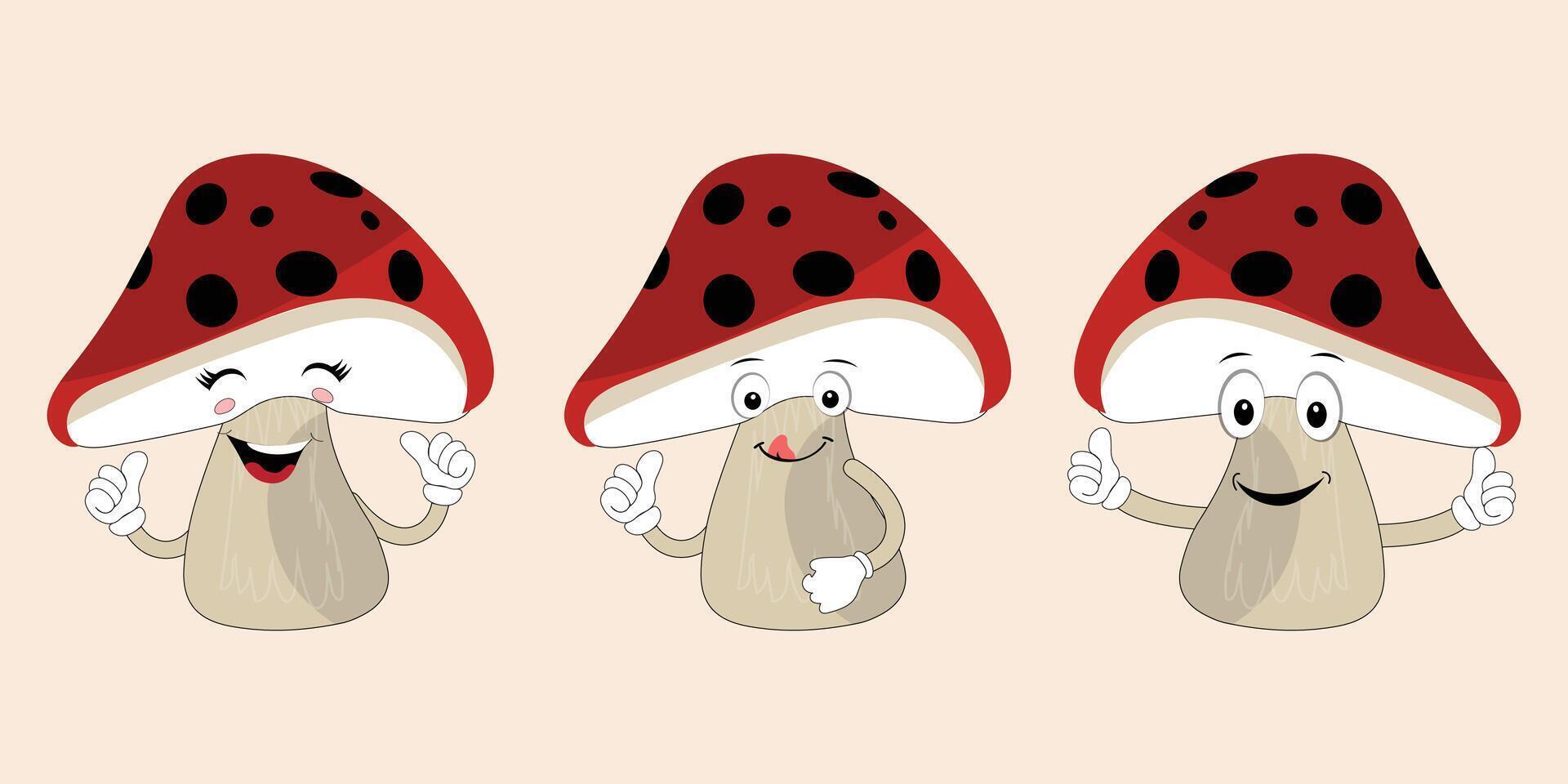 Mushroom character design different expression in vintage style, Kawaii mushroom cartoon mascot character vector illustration. Eps 10