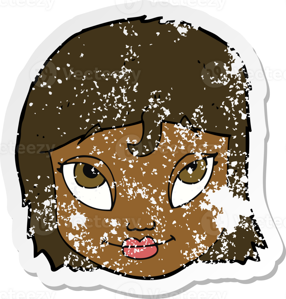 retro distressed sticker of a cartoon woman smiling png