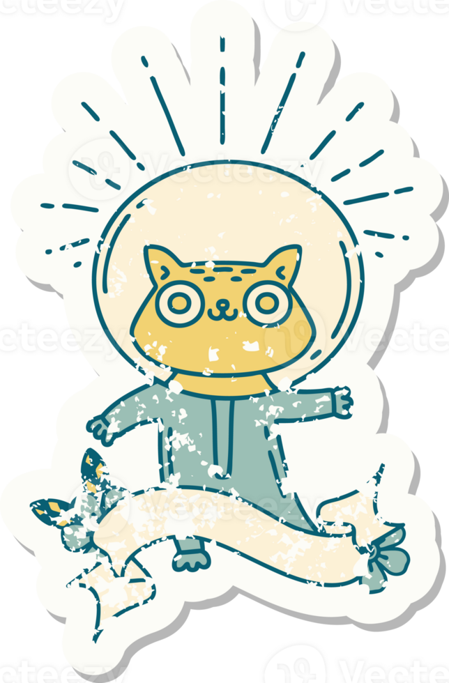 worn old sticker of a tattoo style cat in astronaut suit png