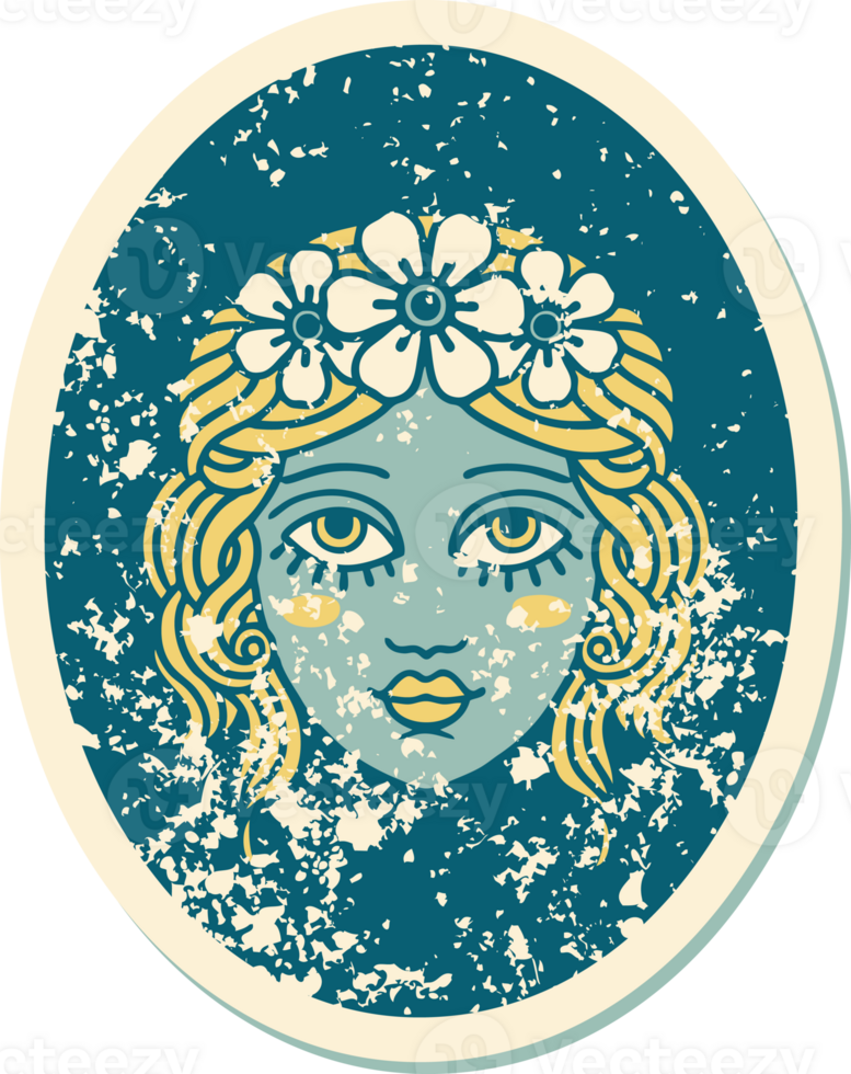 iconic distressed sticker tattoo style image of a maiden with flowers in her hair png