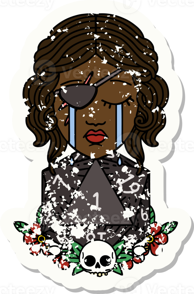 grunge sticker of a crying human rogue with natural one d20 roll png