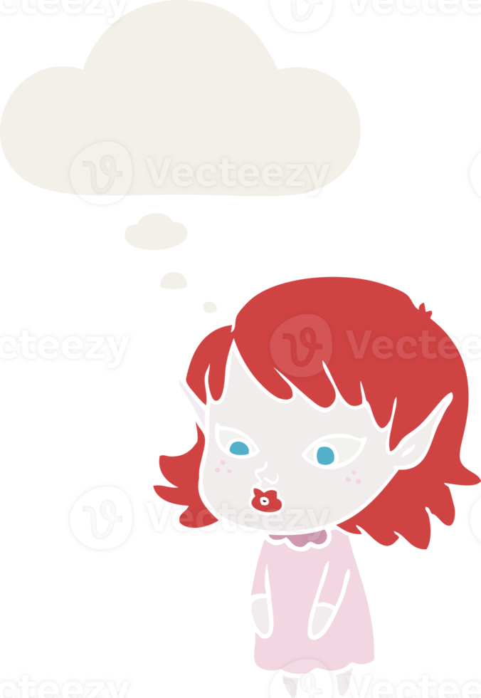 cartoon elf girl with pointy ears with thought bubble in retro style png