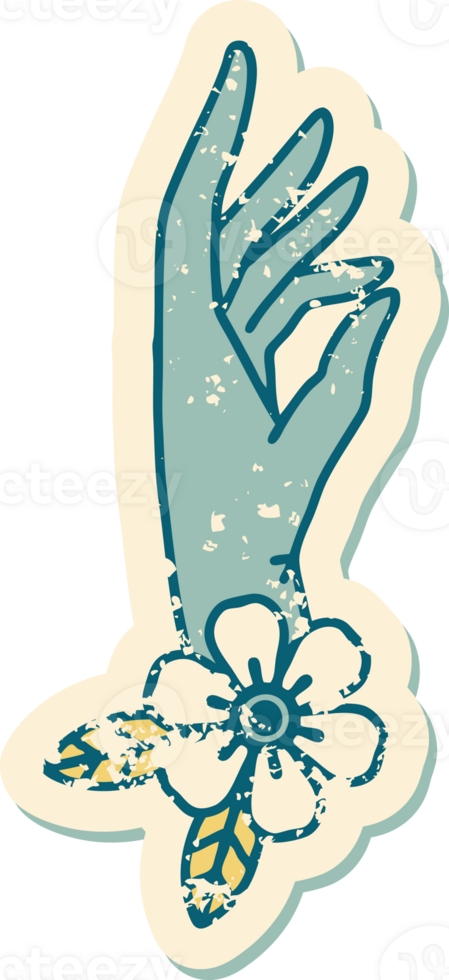 iconic distressed sticker tattoo style image of a hand and flower png