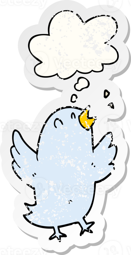 cartoon bird singing with thought bubble as a distressed worn sticker png
