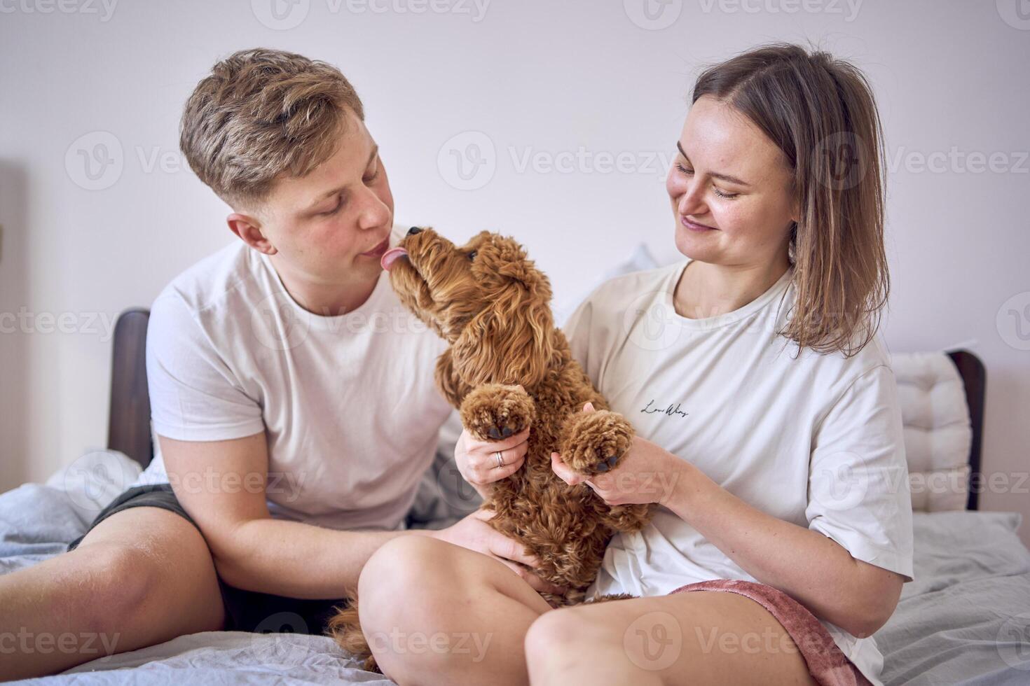 young couple is holding a cockapoo dog in their arms on the bed photo