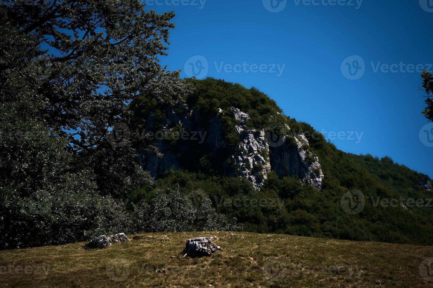 ver de un rocoso montaña en un ladera, un relajante ubicación con un ver de lago como foto