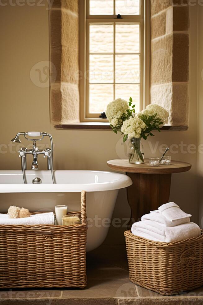 AI generated Cottage bathroom decor, interior design and wicker home decor and candles, bathtub and bathroom furniture, English country house and countryside style photo