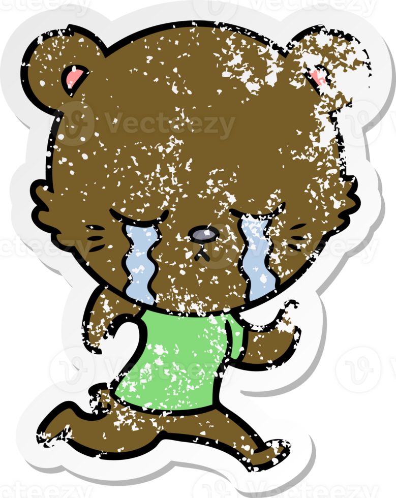 distressed sticker of a crying cartoon bear running png