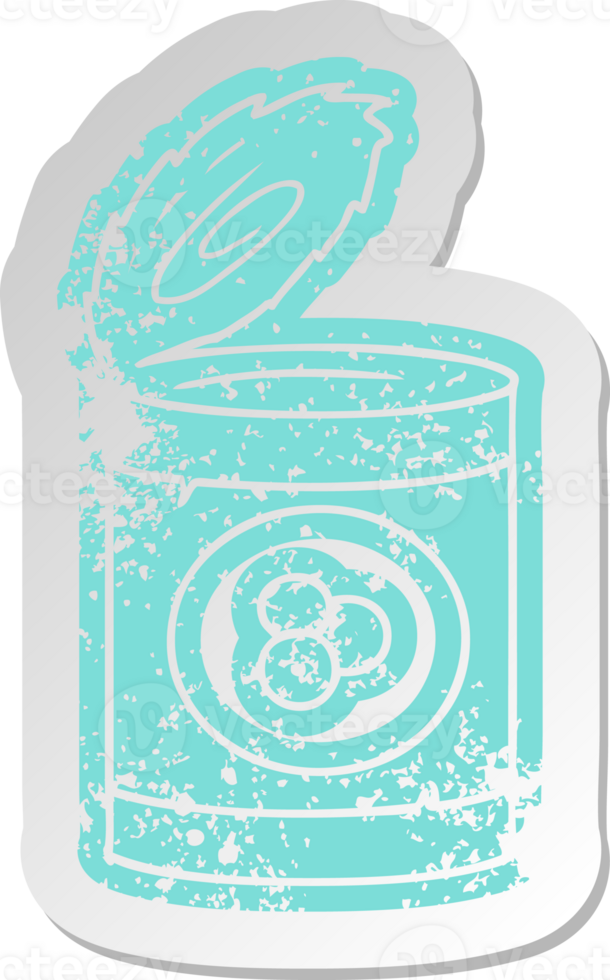 distressed old cartoon sticker of a can of peaches png