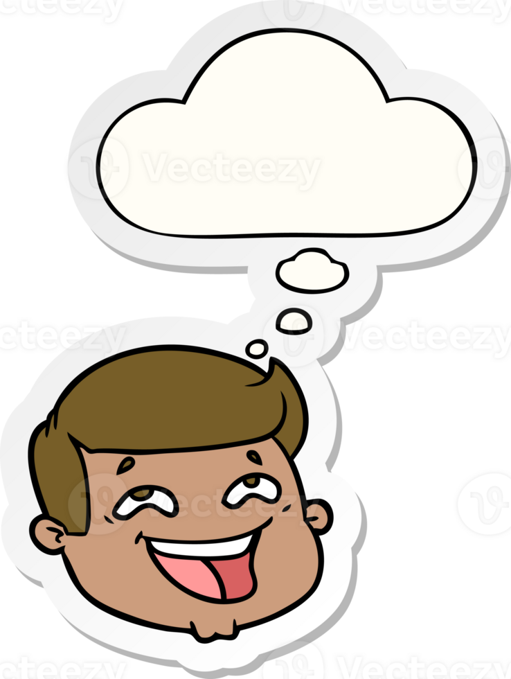 happy cartoon male face with thought bubble as a printed sticker png