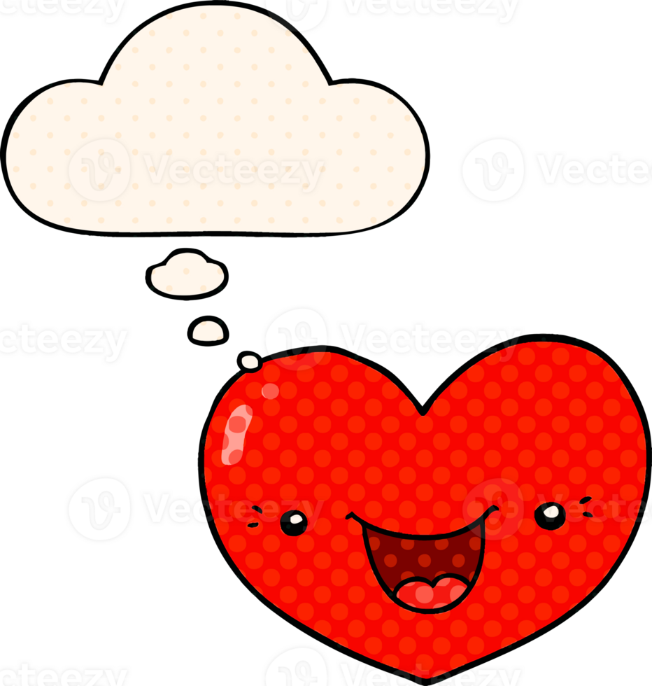 cartoon love heart character with thought bubble in comic book style png