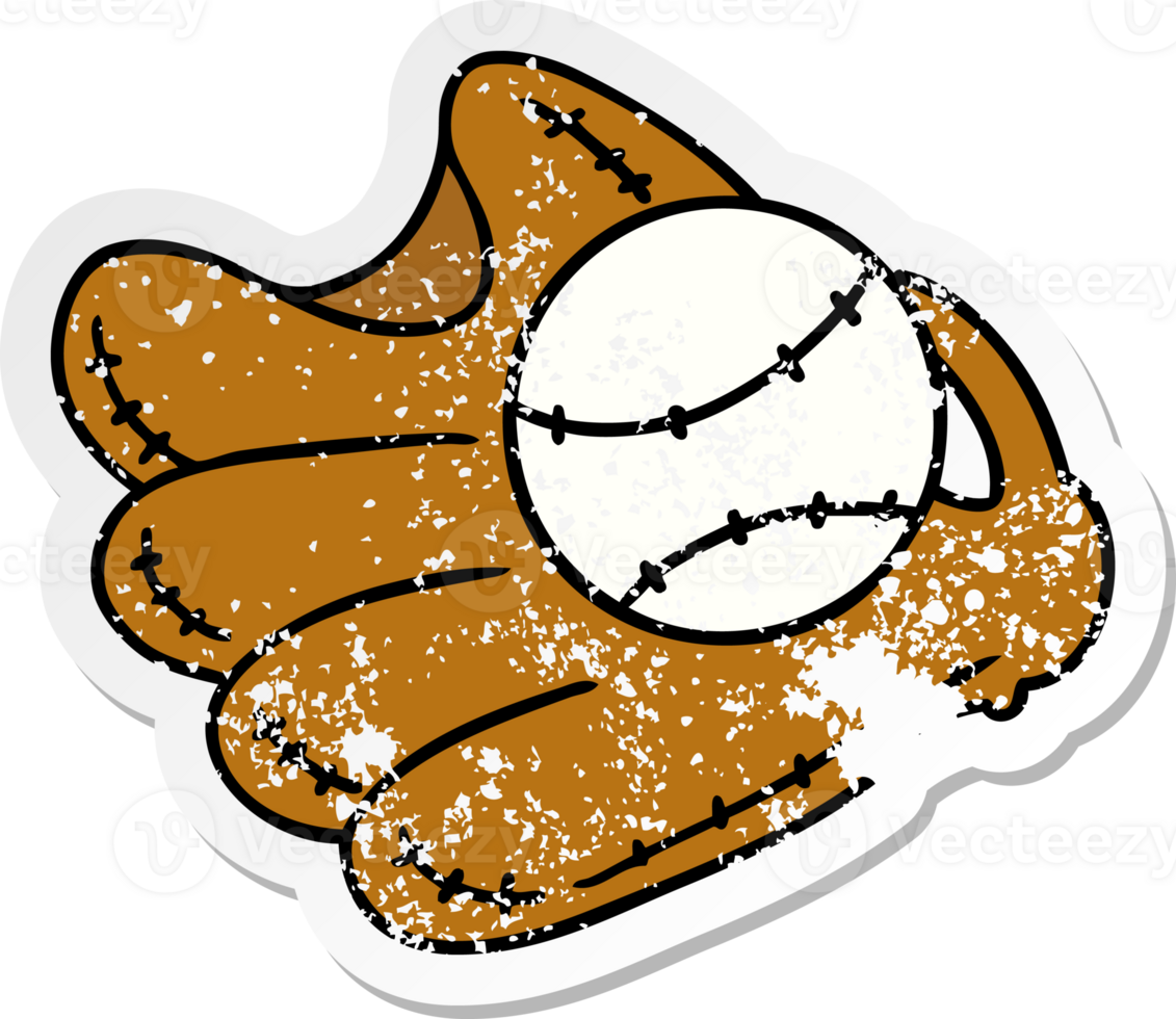 hand drawn distressed sticker cartoon doodle of a baseball and glove png