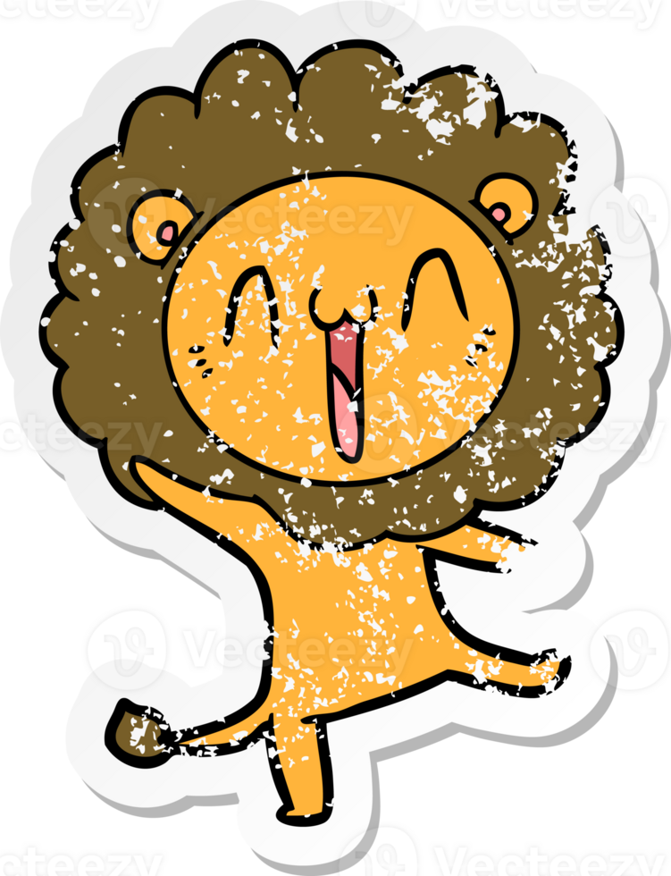 distressed sticker of a happy cartoon lion png