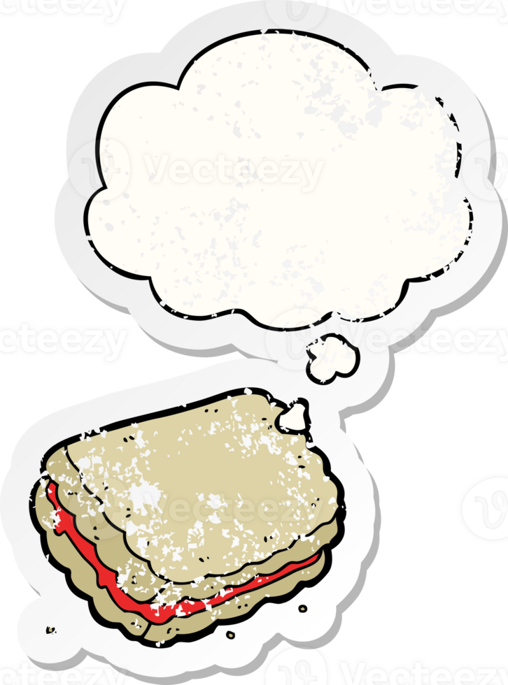 cartoon biscuit with thought bubble as a distressed worn sticker png