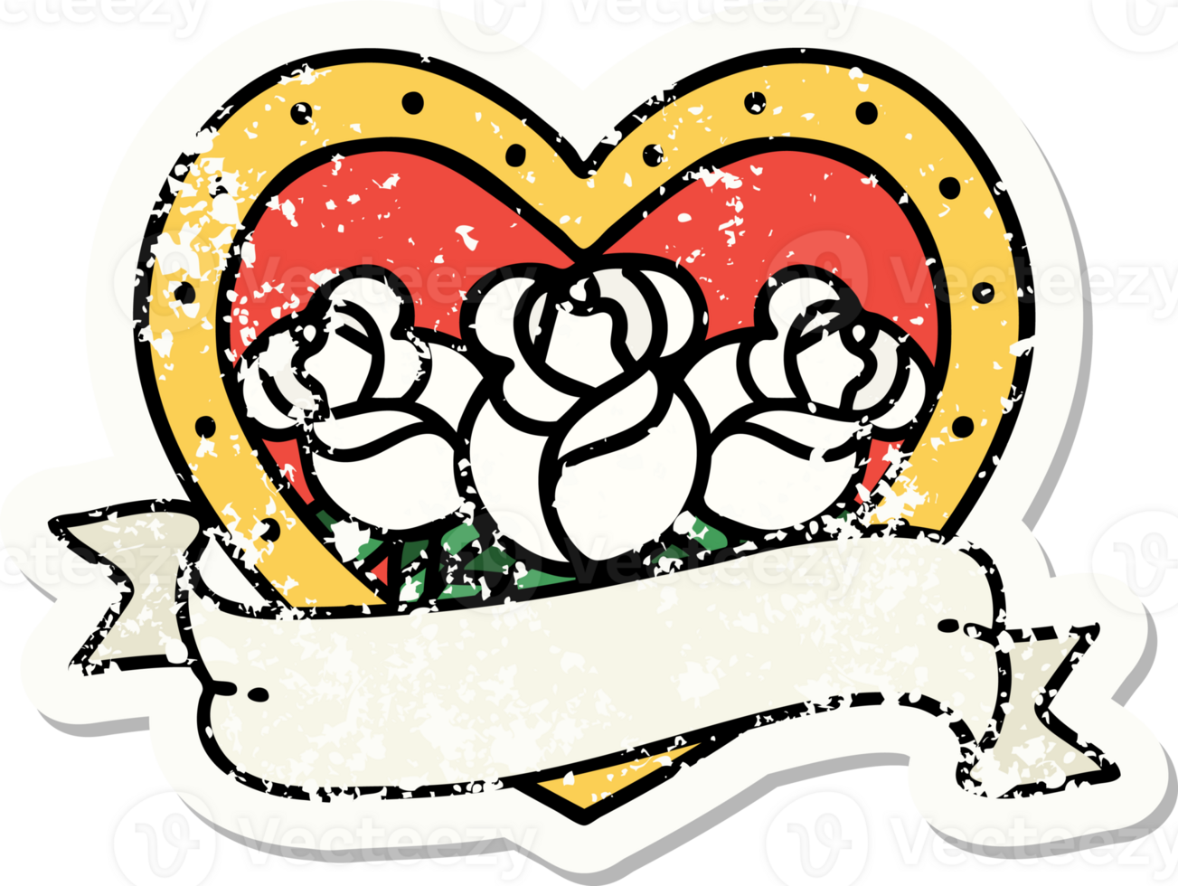 distressed sticker tattoo in traditional style of a heart and banner with flowers png