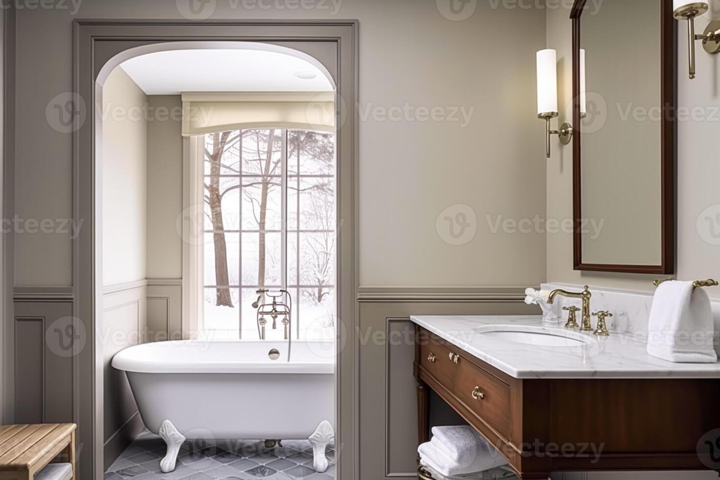 AI generated Country bathroom decor, interior design and home improvement, bathtub and bathroom furniture, country cottage style in winter, generative ai photo