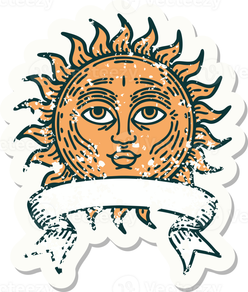 worn old sticker with banner of a sun with face png