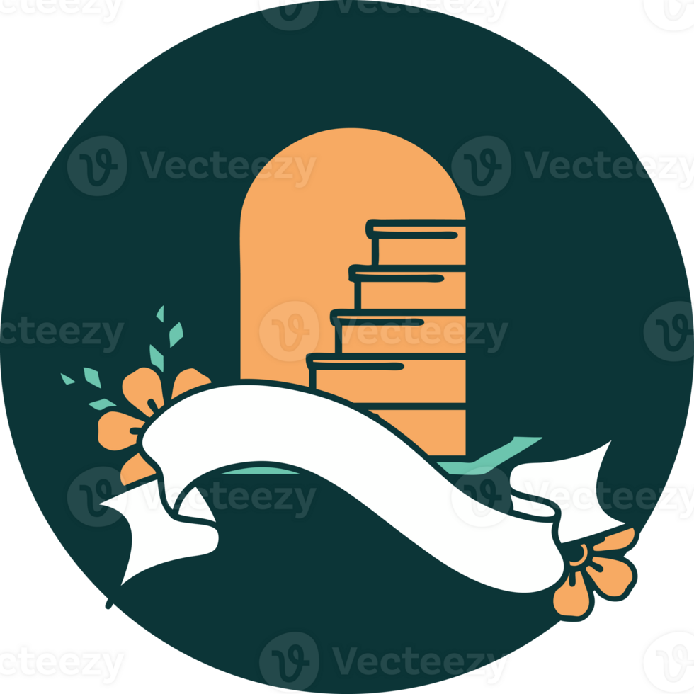 tattoo style icon with banner of a grave stone png
