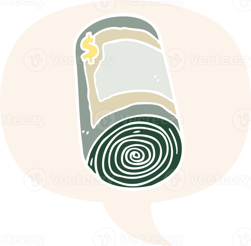 cartoon roll of money with speech bubble in retro style png