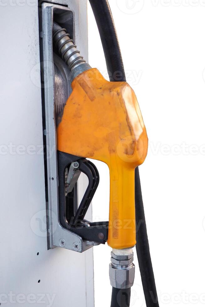 Gas Pump Nozzle at Service Station on white bg photo
