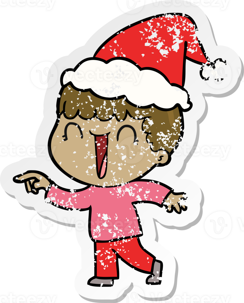 laughing hand drawn distressed sticker cartoon of a man pointing wearing santa hat png